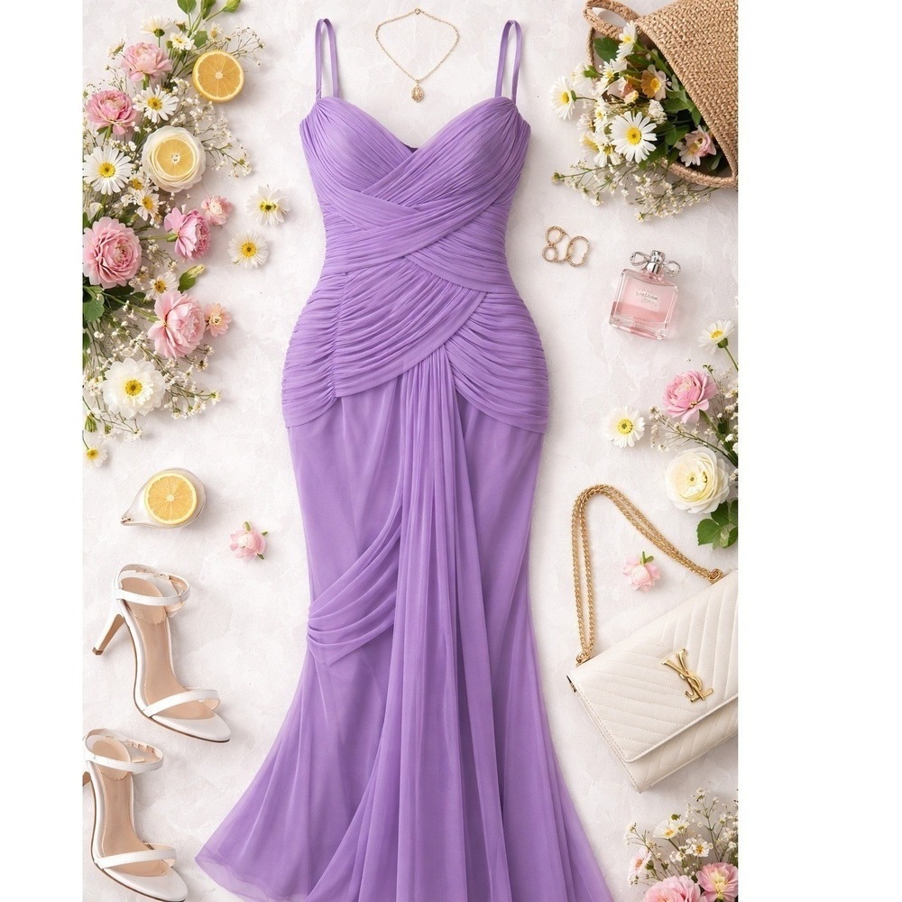 Glam Gurlz Womens Gown 2 Lavender Ruched Chiffon Formal Prom Fairycore Aesthetic